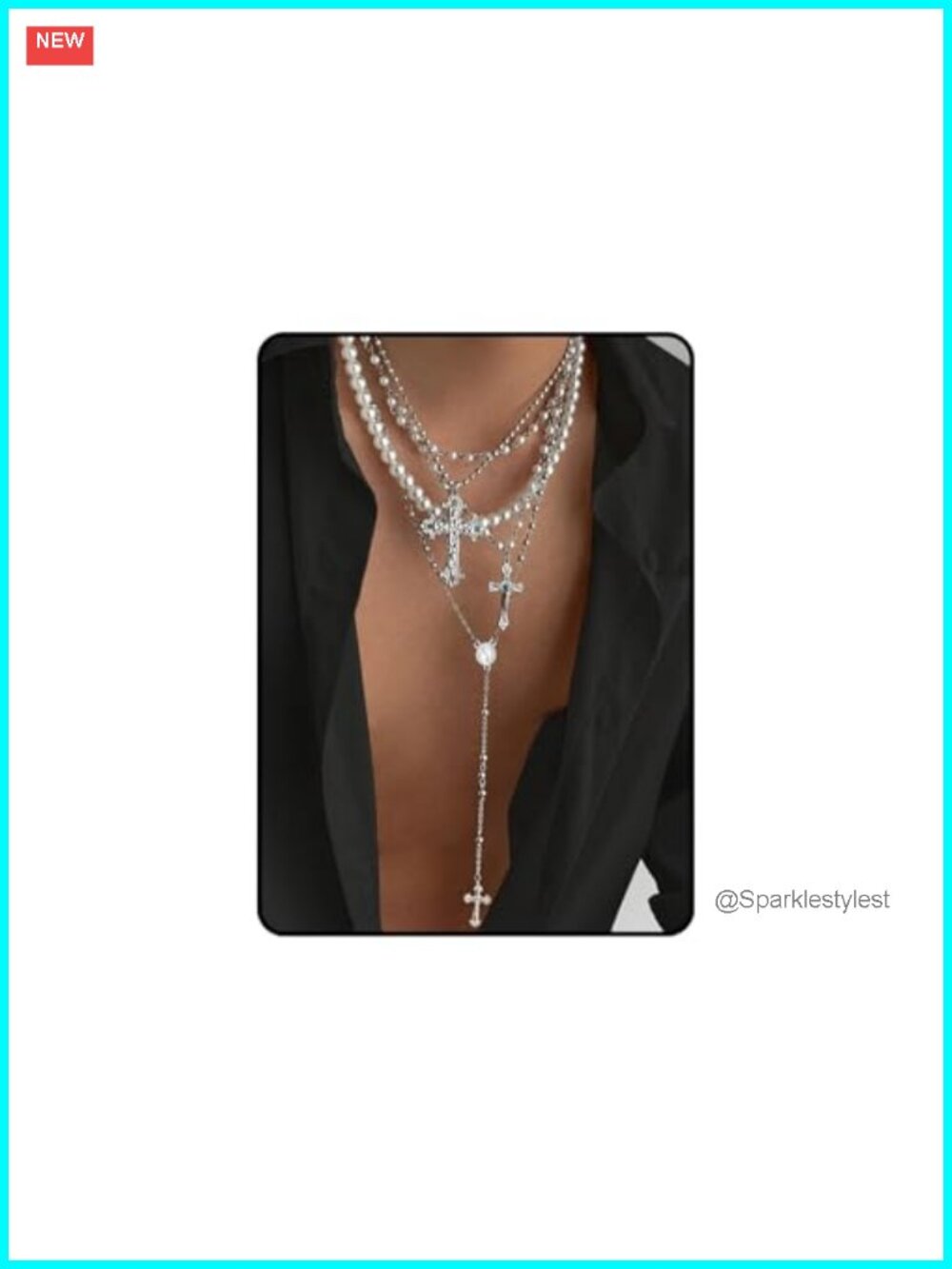 Layered Cross Necklace Set 4Pc Faux Pearl Chunky Christian Pendant
